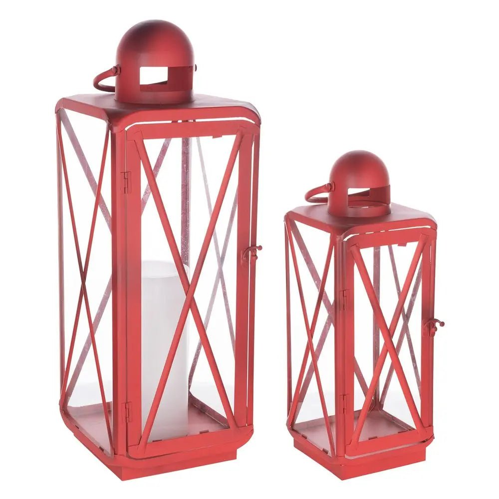 Set of Two Red Geometric Metal Centerpiece Lantern Candle Holders - NOBLE HOME INTERIORS
