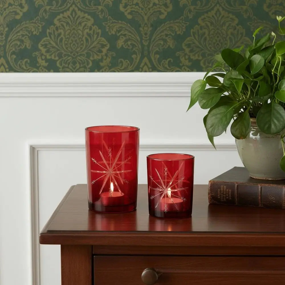 Set of Two Red Hammered Glass Tabletop Votive Candle Holders - NOVA HOME FURNITURE