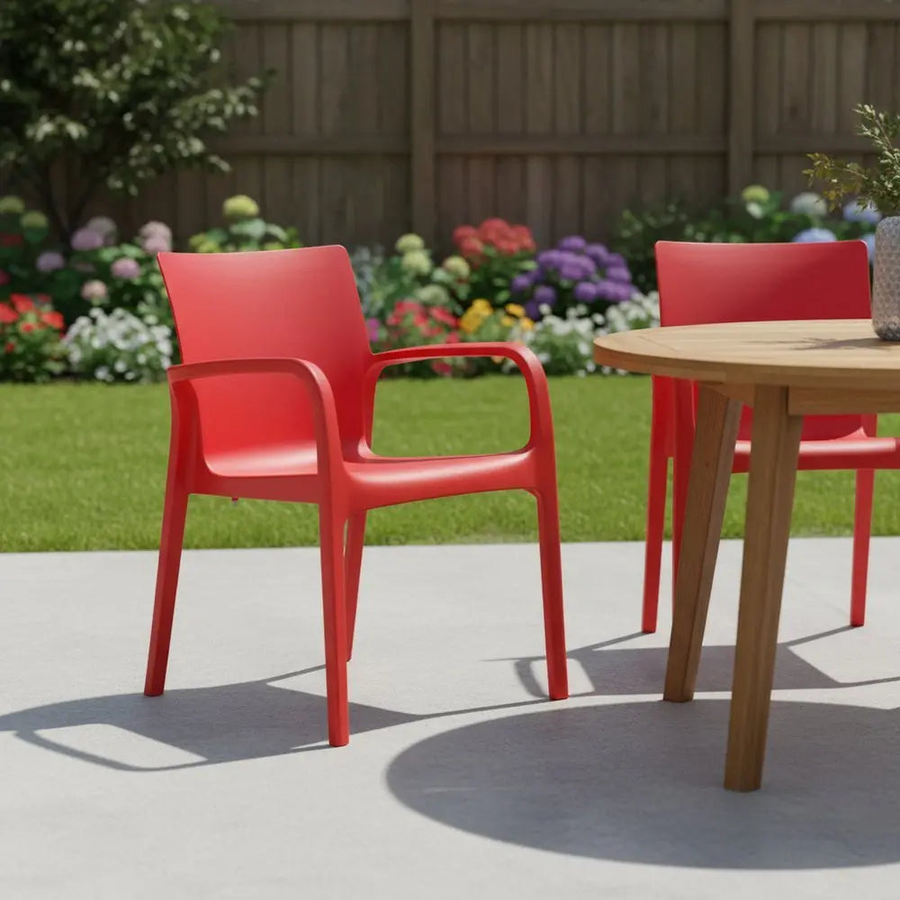 Set of Two Red Heavy Duty Plastic Outdoor Stacking Dining Chairs - NOBLE HOME INTERIORS