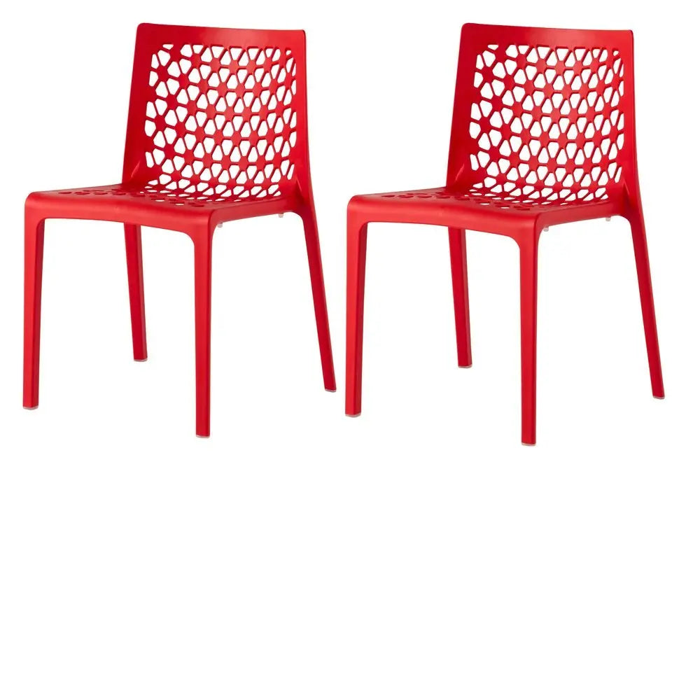 Set of Two Red Heavy Duty Plastic Outdoor Stacking Dining Chairs - NOBLE HOME INTERIORS