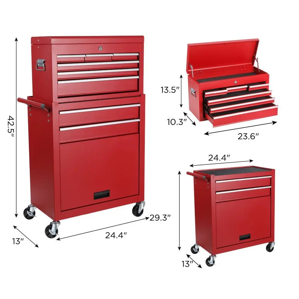 Set of Two Red Multi - Tier Steel Rolling Cabinet With Lid - NOBLE HOME INTERIORS