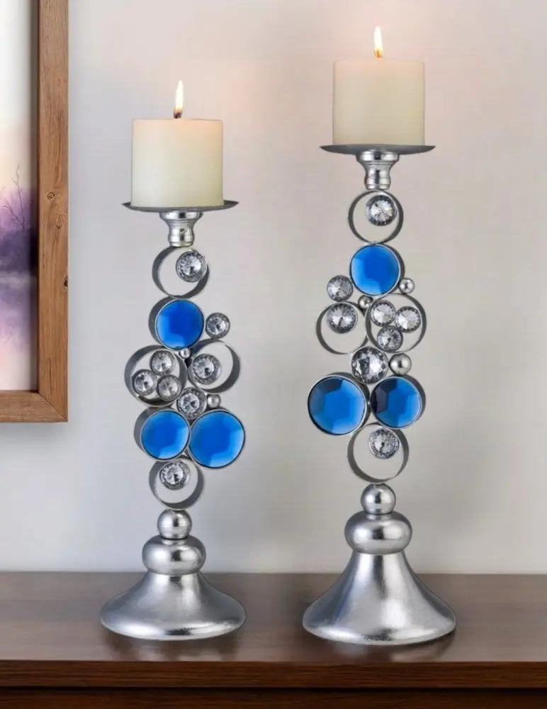 Set Of Two Silver and Blue Bling Tabletop Pillar Candle Holders - NOBLE HOME INTERIORS