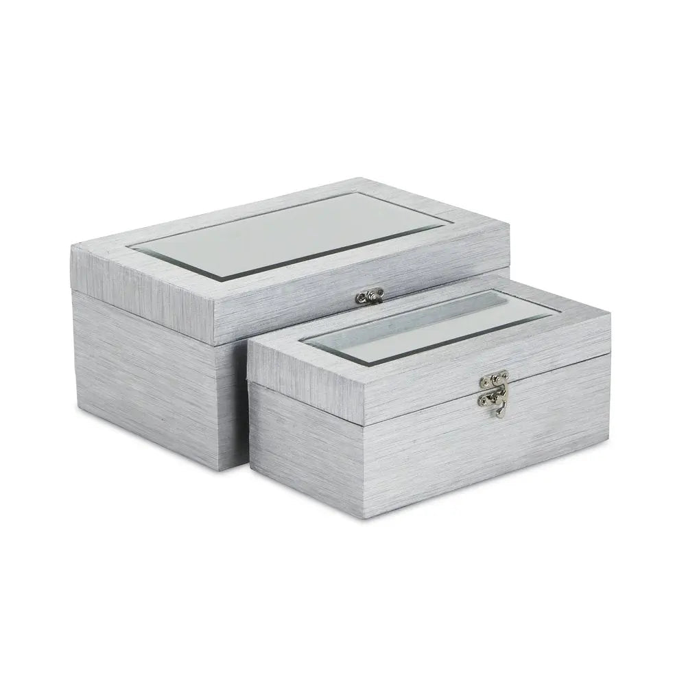 Set of Two Silver Glass Wood And Shagreen Box With Lid - NOBLE HOME INTERIORS