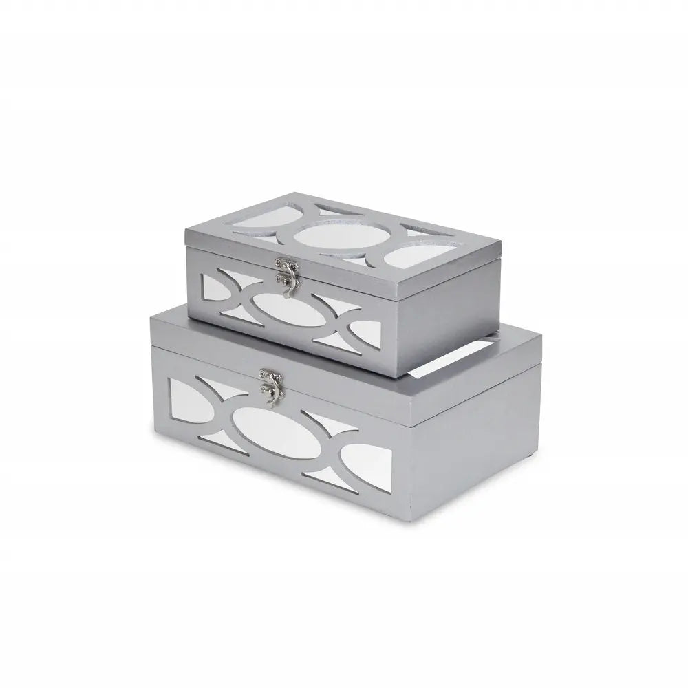 Set of Two Silver Mirrored Glass And Wood Box With Lid - NOBLE HOME INTERIORS