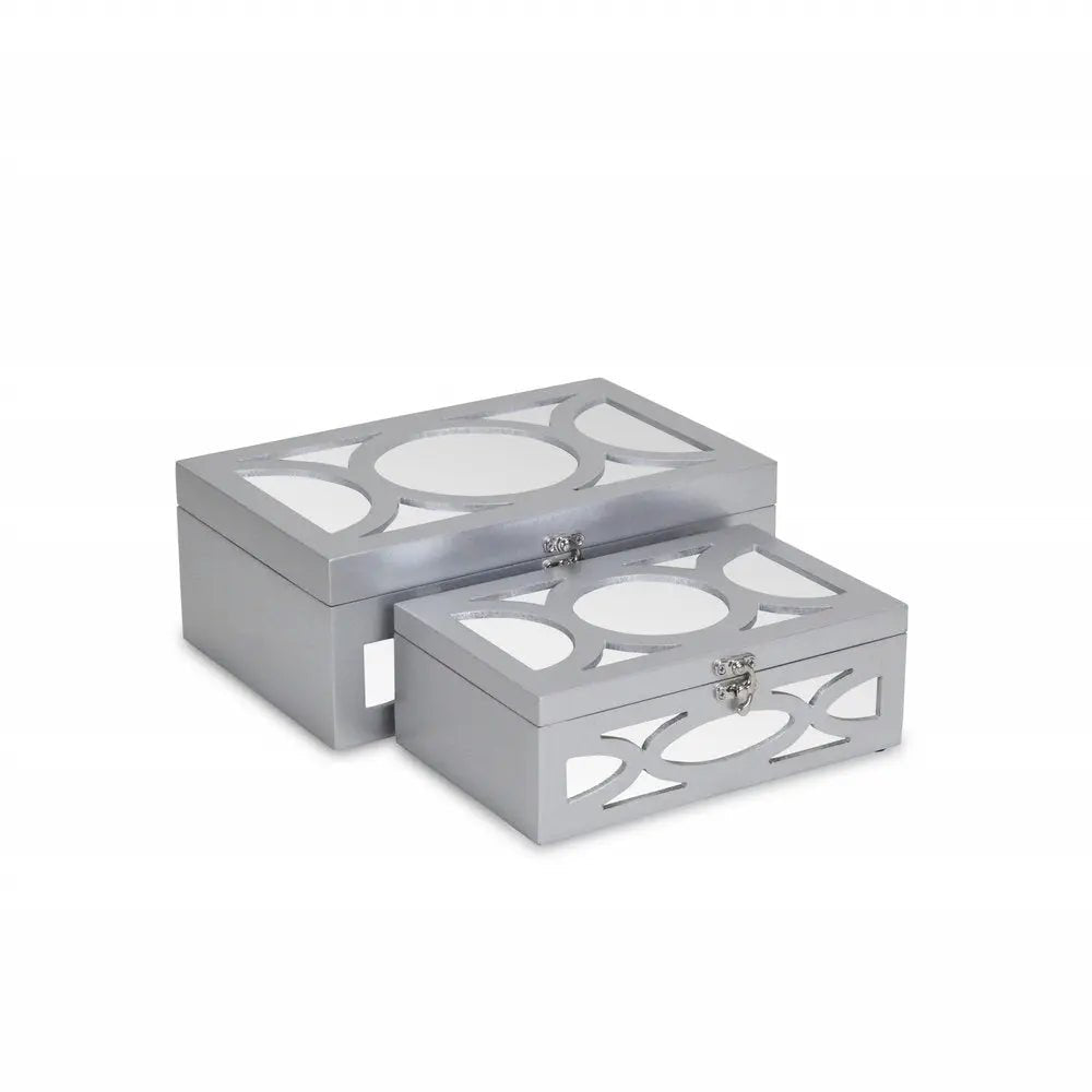 Set of Two Silver Mirrored Glass And Wood Box With Lid - NOBLE HOME INTERIORS