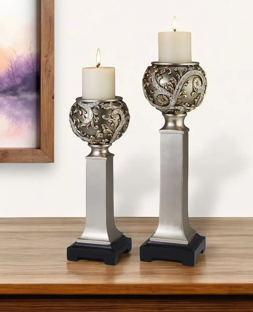 Set of Two Silver Polyresin Filigree Tabletop Pillar Candle Holders With Candle - NOBLE HOME INTERIORS