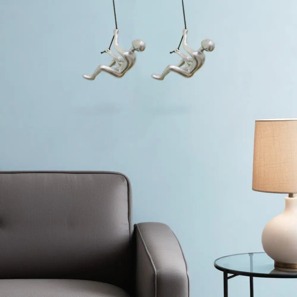 Set of Two Silver Resin Climbing Man Hanging Dimensional Sculpture - NOBLE HOME INTERIORS