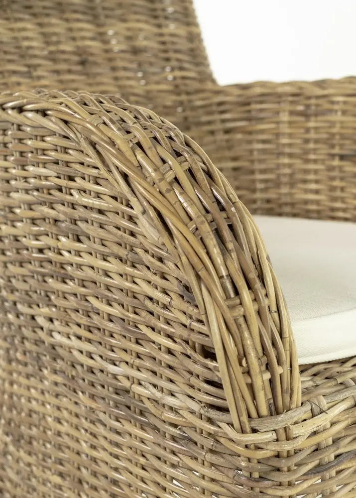 Set of Two Tan Textured Outdoor Dining Chairs with Beige Cushions - NOBLE HOME INTERIORS