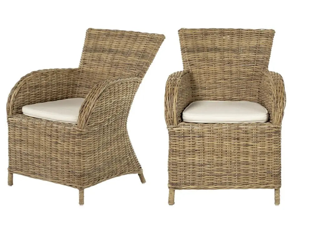 Set of Two Tan Textured Outdoor Dining Chairs with Beige Cushions - NOBLE HOME INTERIORS