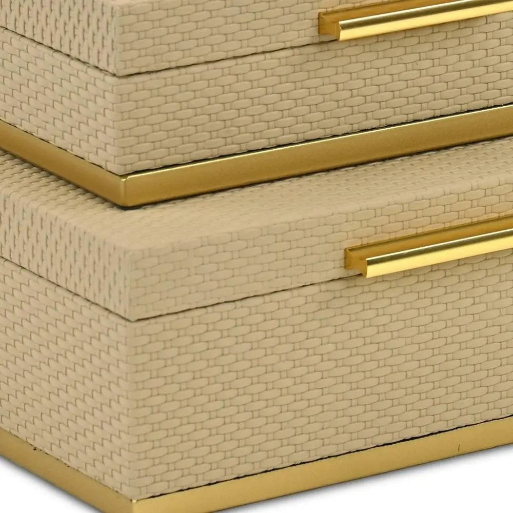 Set of Two Taupe And Gold Nesting Decorative Storage Boxes With Lids - NOBLE HOME INTERIORS