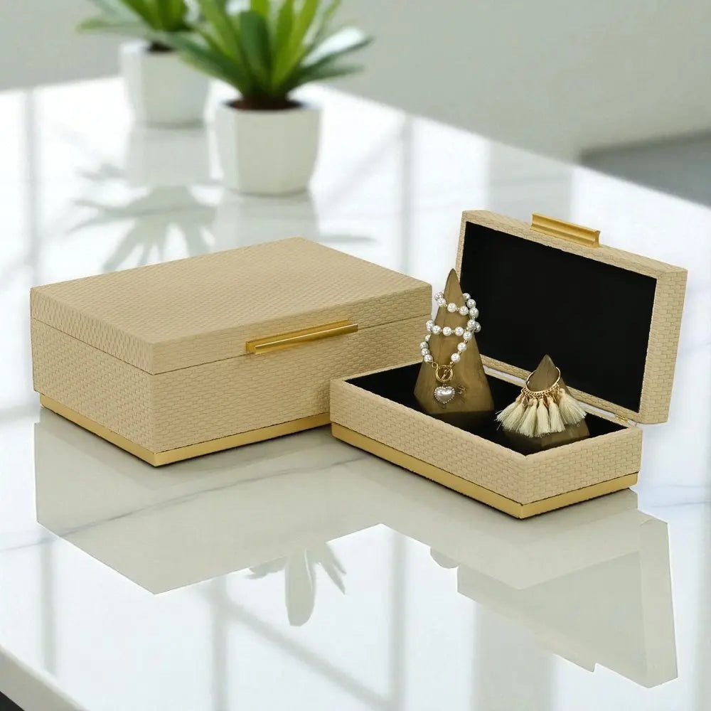 Set of Two Taupe And Gold Nesting Decorative Storage Boxes With Lids - NOBLE HOME INTERIORS
