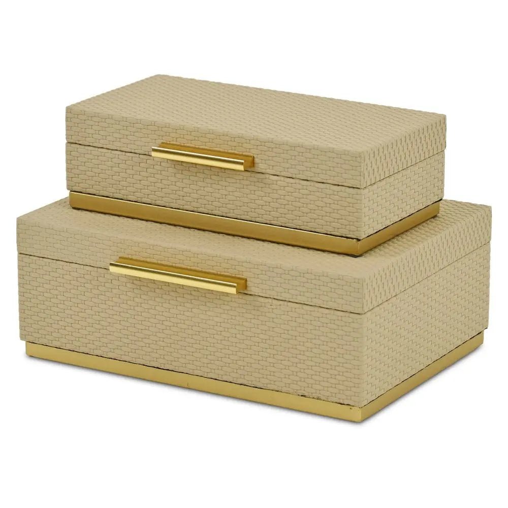 Set of Two Taupe And Gold Nesting Decorative Storage Boxes With Lids - NOBLE HOME INTERIORS