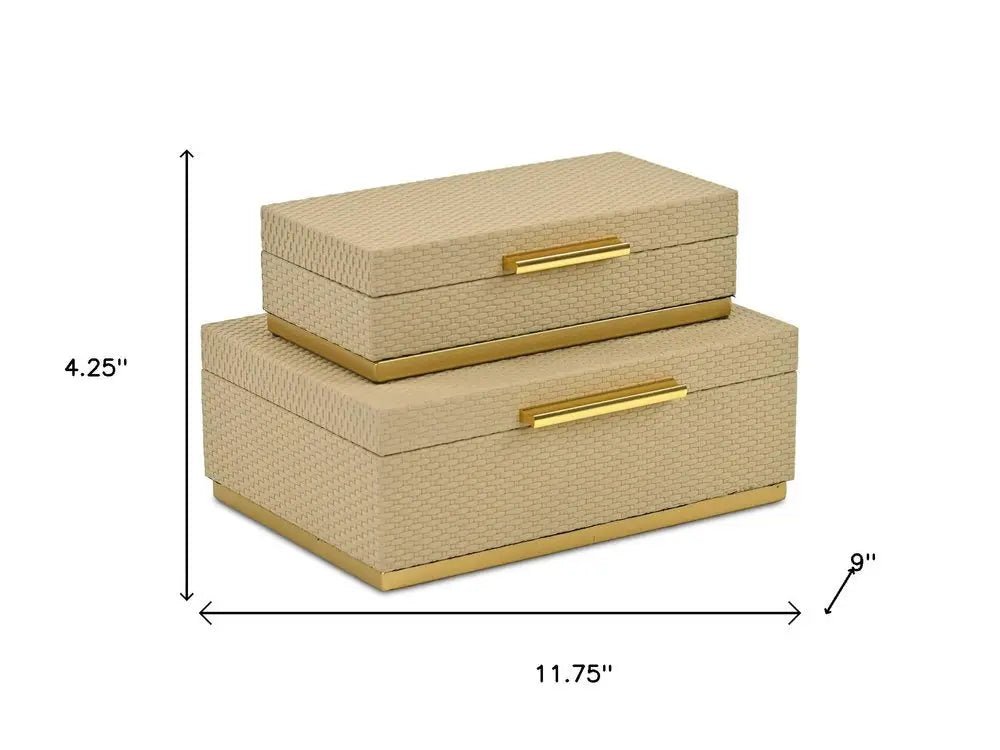 Set of Two Taupe And Gold Nesting Decorative Storage Boxes With Lids - NOBLE HOME INTERIORS