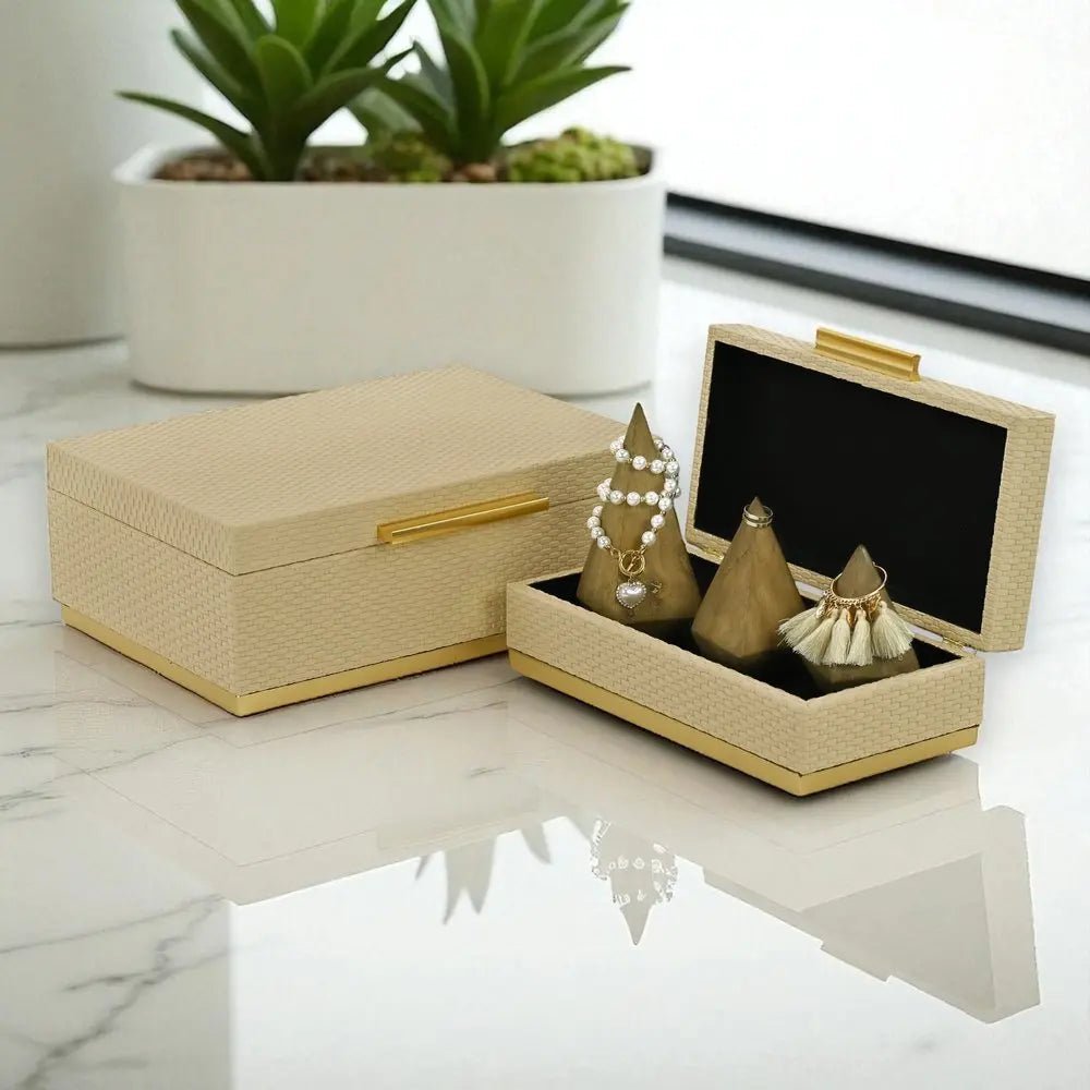 Set of Two Taupe And Gold Nesting Decorative Storage Boxes With Lids - NOBLE HOME INTERIORS