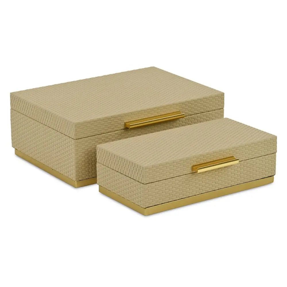 Set of Two Taupe And Gold Nesting Decorative Storage Boxes With Lids - NOBLE HOME INTERIORS