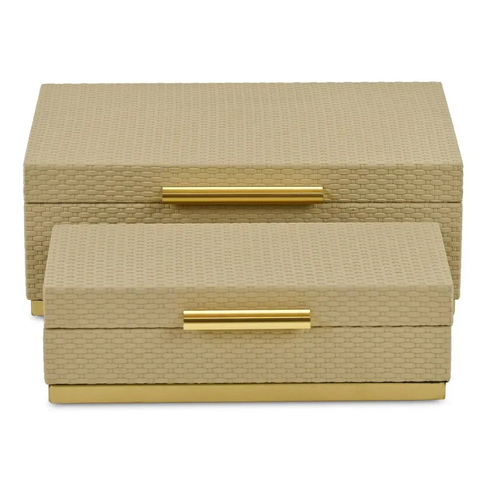 Set of Two Taupe And Gold Nesting Decorative Storage Boxes With Lids - NOBLE HOME INTERIORS
