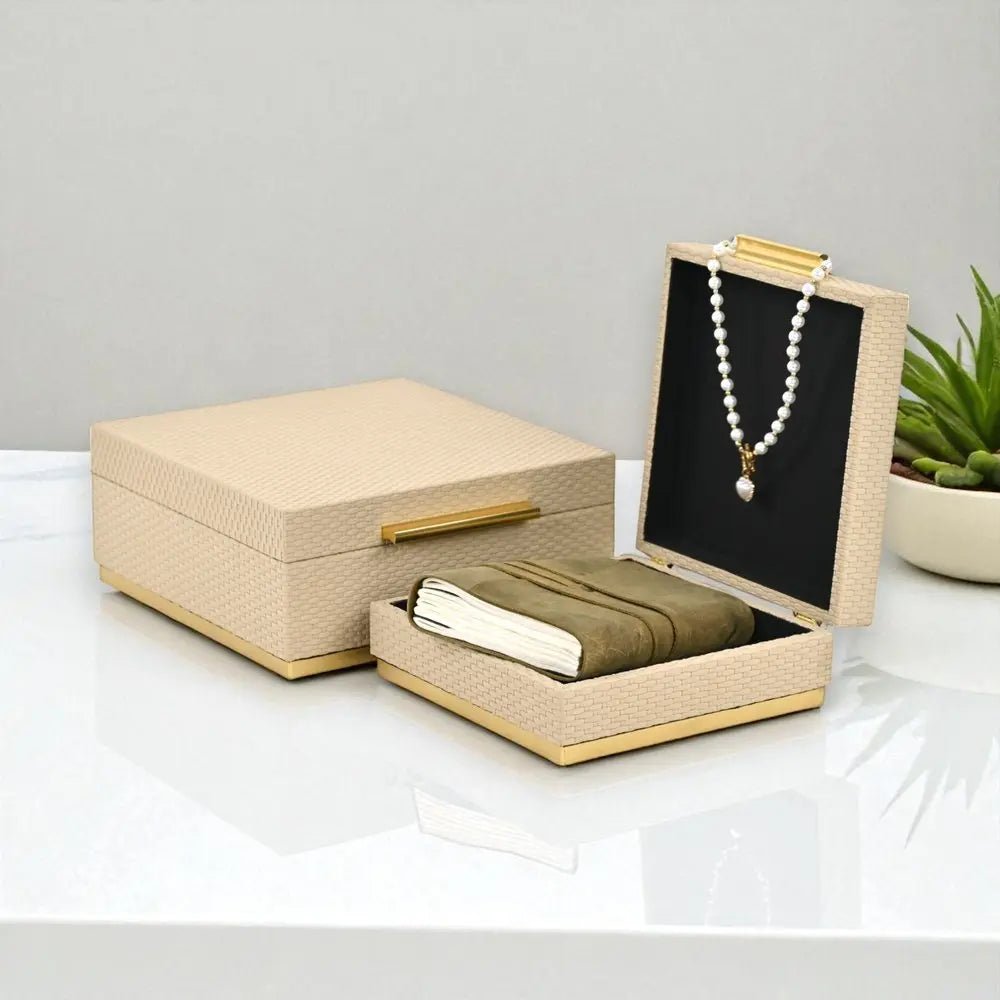 Set of Two Taupe And Gold Square Nesting Decorative Storage Boxes With Lids - NOBLE HOME INTERIORS