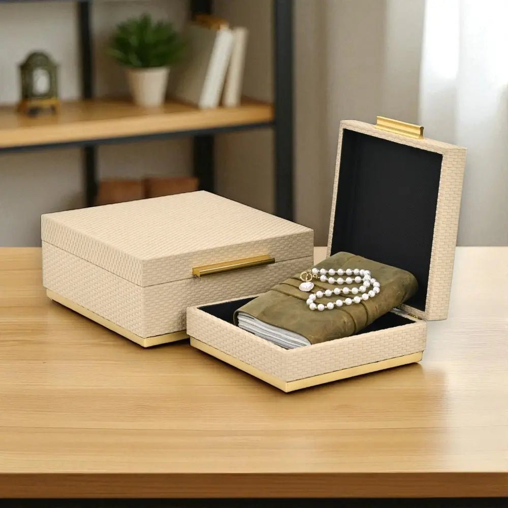 Set of Two Taupe And Gold Square Nesting Decorative Storage Boxes With Lids - NOBLE HOME INTERIORS