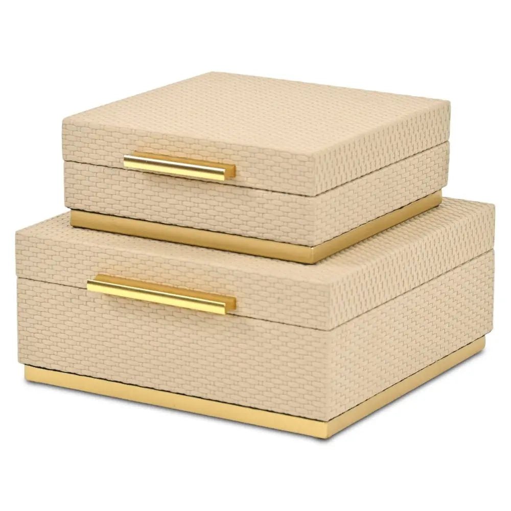 Set of Two Taupe And Gold Square Nesting Decorative Storage Boxes With Lids - NOBLE HOME INTERIORS