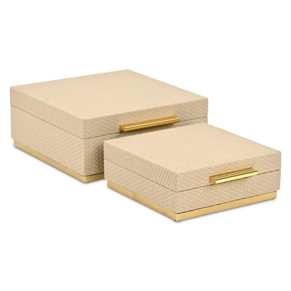 Set of Two Taupe And Gold Square Nesting Decorative Storage Boxes With Lids - NOBLE HOME INTERIORS
