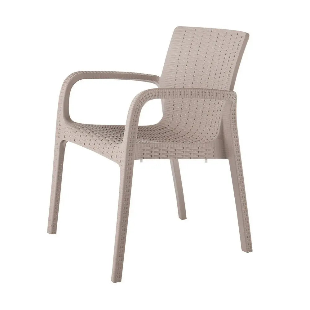Set of Two Taupe Faux Rattan Heavy Duty Plastic Outdoor Stacking Arm Chairs - NOBLE HOME INTERIORS