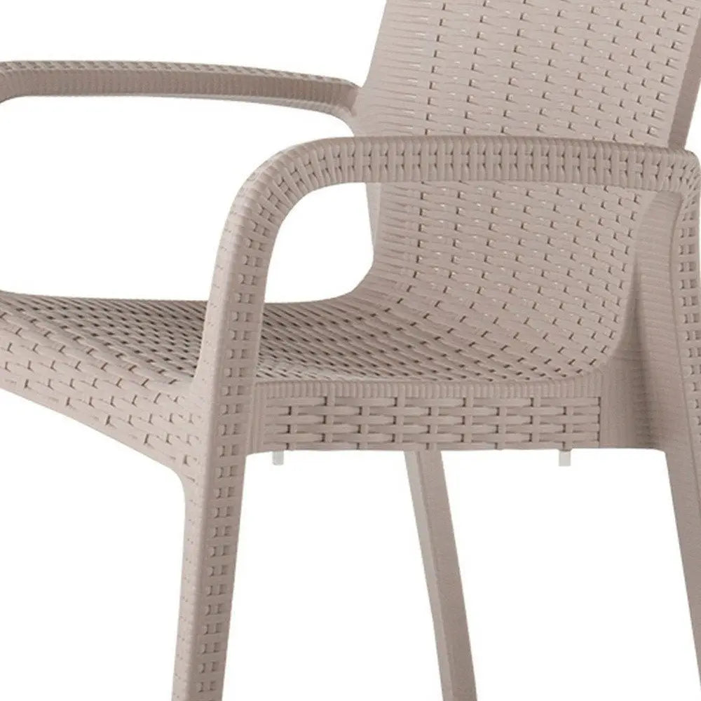 Set of Two Taupe Faux Rattan Heavy Duty Plastic Outdoor Stacking Arm Chairs - NOBLE HOME INTERIORS