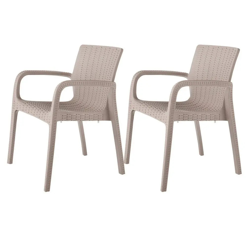 Set of Two Taupe Faux Rattan Heavy Duty Plastic Outdoor Stacking Arm Chairs - NOBLE HOME INTERIORS