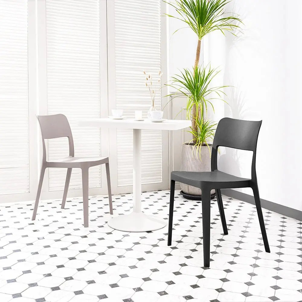 Set of Two Taupe Heavy Duty Plastic Outdoor Stacking Accent Chairs - NOBLE HOME INTERIORS