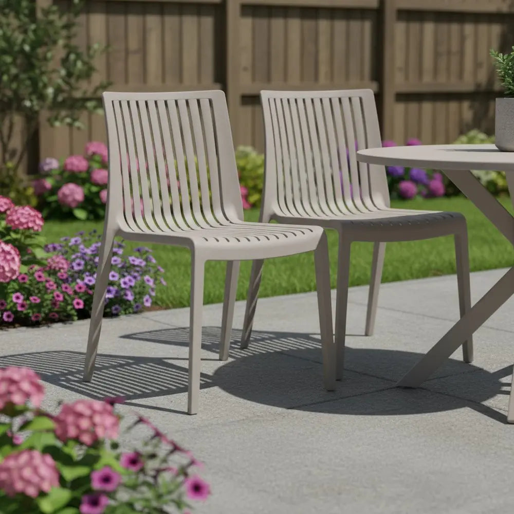 Set of Two Taupe Heavy Duty Plastic Outdoor Stacking Accent Chairs - NOBLE HOME INTERIORS