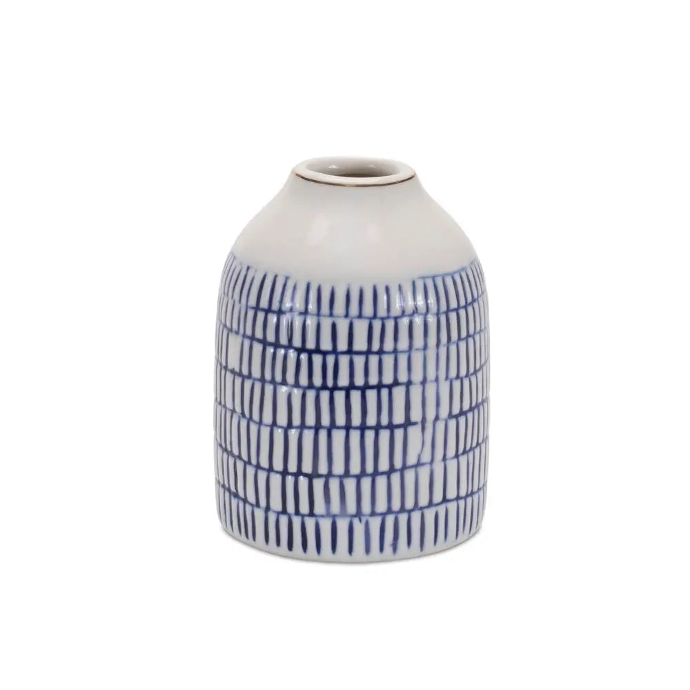 Set of Two White And Blue Checkered Round Ceramic Table Vase - NOBLE HOME INTERIORS