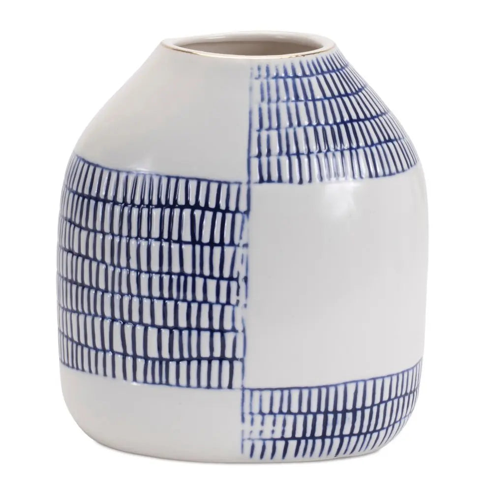Set of Two White And Blue Checkered Round Ceramic Table Vase - NOBLE HOME INTERIORS