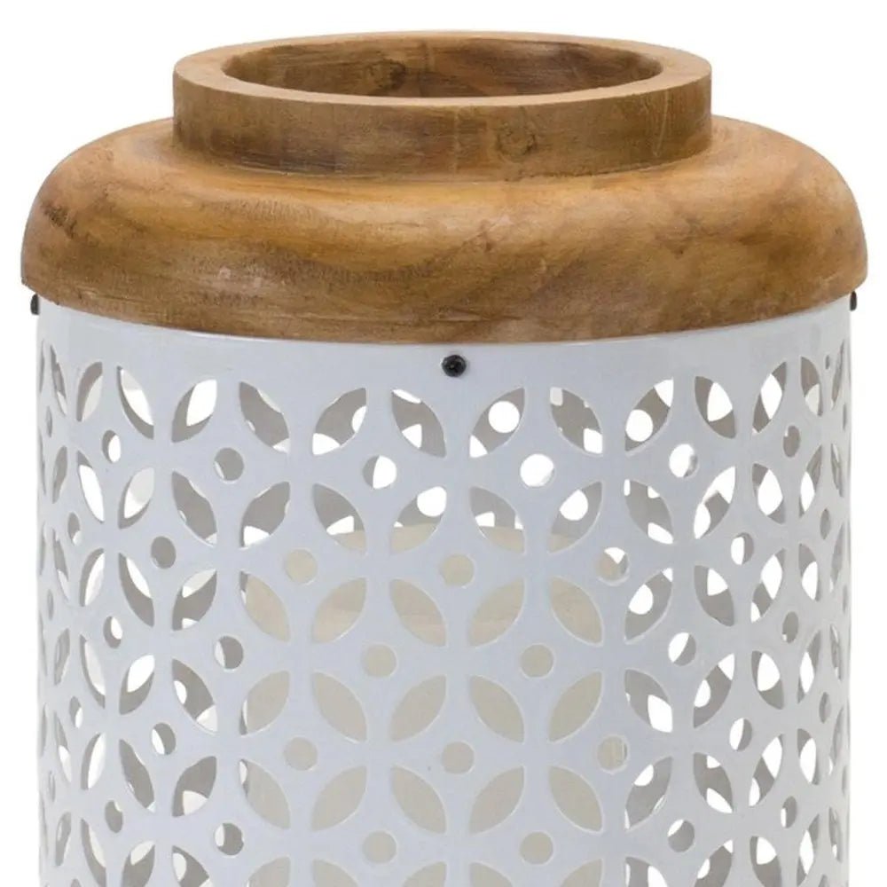 Set of Two White And Brown Geometric Metal Tabletop Lantern Candle Holders - NOBLE HOME INTERIORS