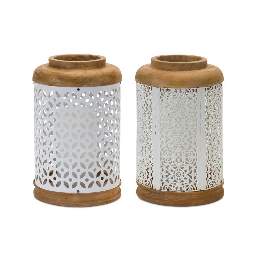 Set of Two White And Brown Geometric Metal Tabletop Lantern Candle Holders - NOBLE HOME INTERIORS
