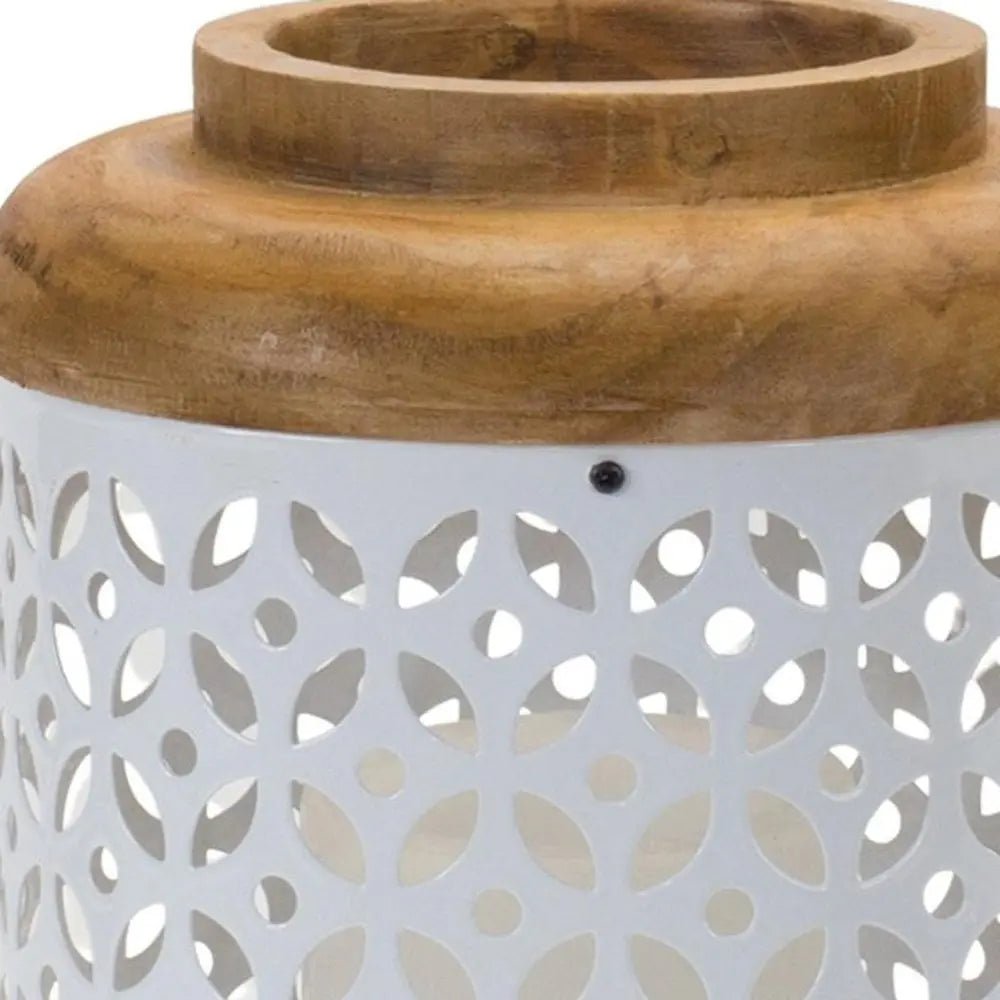 Set of Two White And Brown Geometric Metal Tabletop Lantern Candle Holders - NOBLE HOME INTERIORS