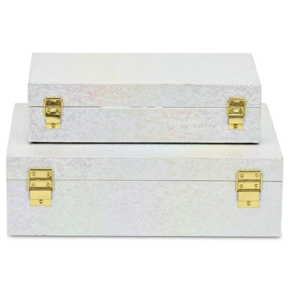 Set of Two White And Gold Faux Shagreen Nesting Storage Boxes With Lids - NOBLE HOME INTERIORS