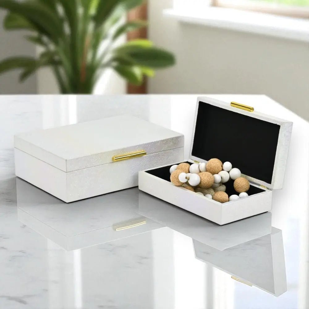 Set of Two White And Gold Faux Shagreen Nesting Storage Boxes With Lids - NOBLE HOME INTERIORS