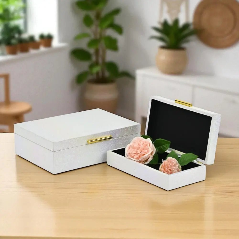 Set of Two White And Gold Faux Shagreen Nesting Storage Boxes With Lids - NOBLE HOME INTERIORS