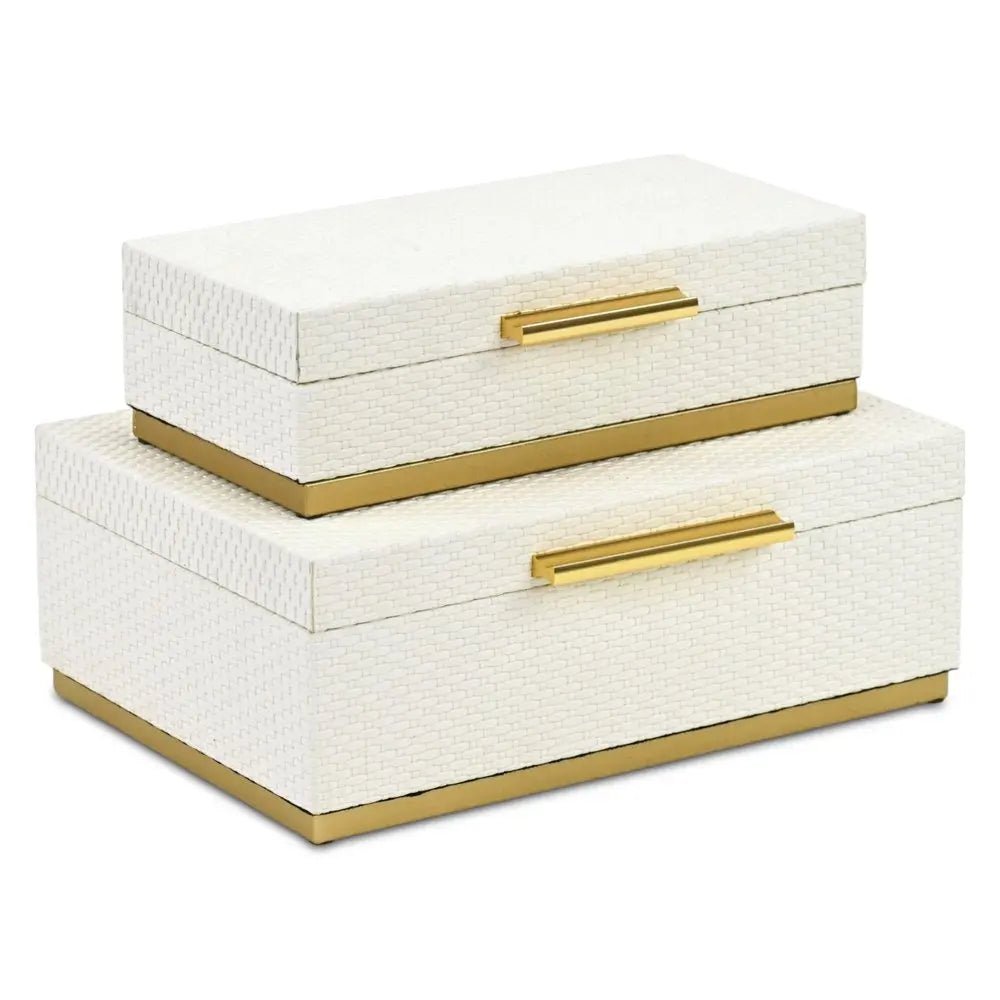 Set of Two White And Gold Nesting Decorative Storage Boxes With Lids - NOBLE HOME INTERIORS