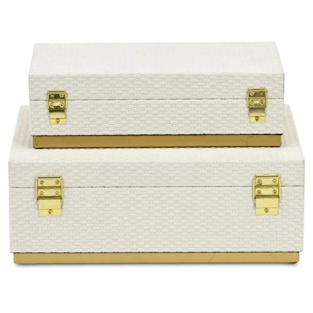 Set of Two White And Gold Nesting Decorative Storage Boxes With Lids - NOBLE HOME INTERIORS