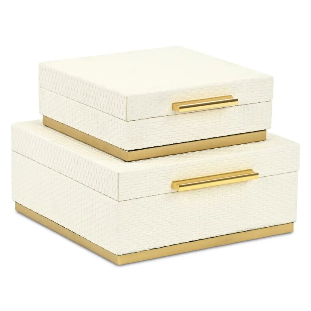 Set of Two White And Gold Square Nesting Decorative Storage Boxes With Lids - NOBLE HOME INTERIORS