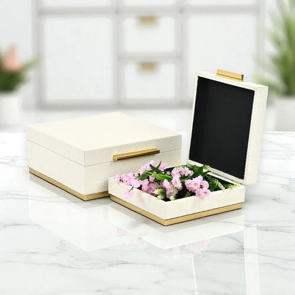 Set of Two White And Gold Square Nesting Decorative Storage Boxes With Lids - NOBLE HOME INTERIORS