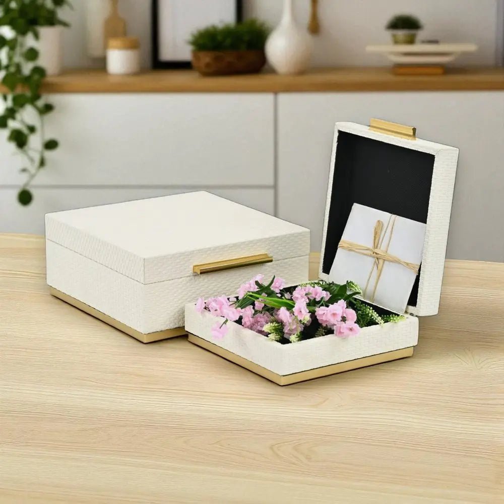 Set of Two White And Gold Square Nesting Decorative Storage Boxes With Lids - NOBLE HOME INTERIORS