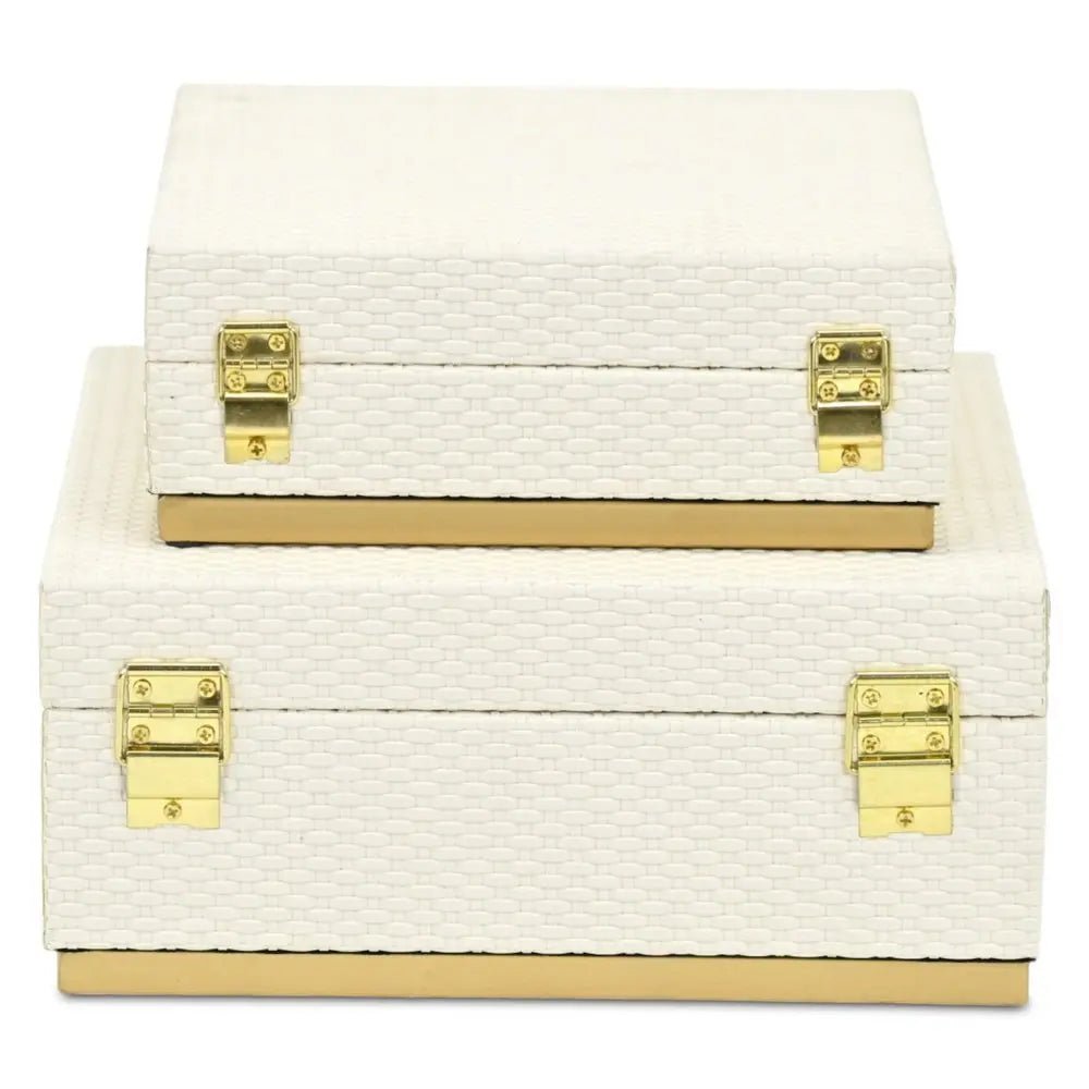 Set of Two White And Gold Square Nesting Decorative Storage Boxes With Lids - NOBLE HOME INTERIORS