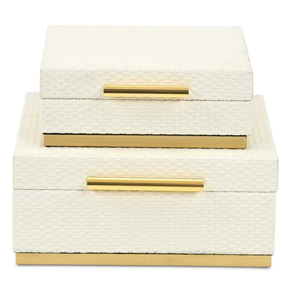 Set of Two White And Gold Square Nesting Decorative Storage Boxes With Lids - NOBLE HOME INTERIORS