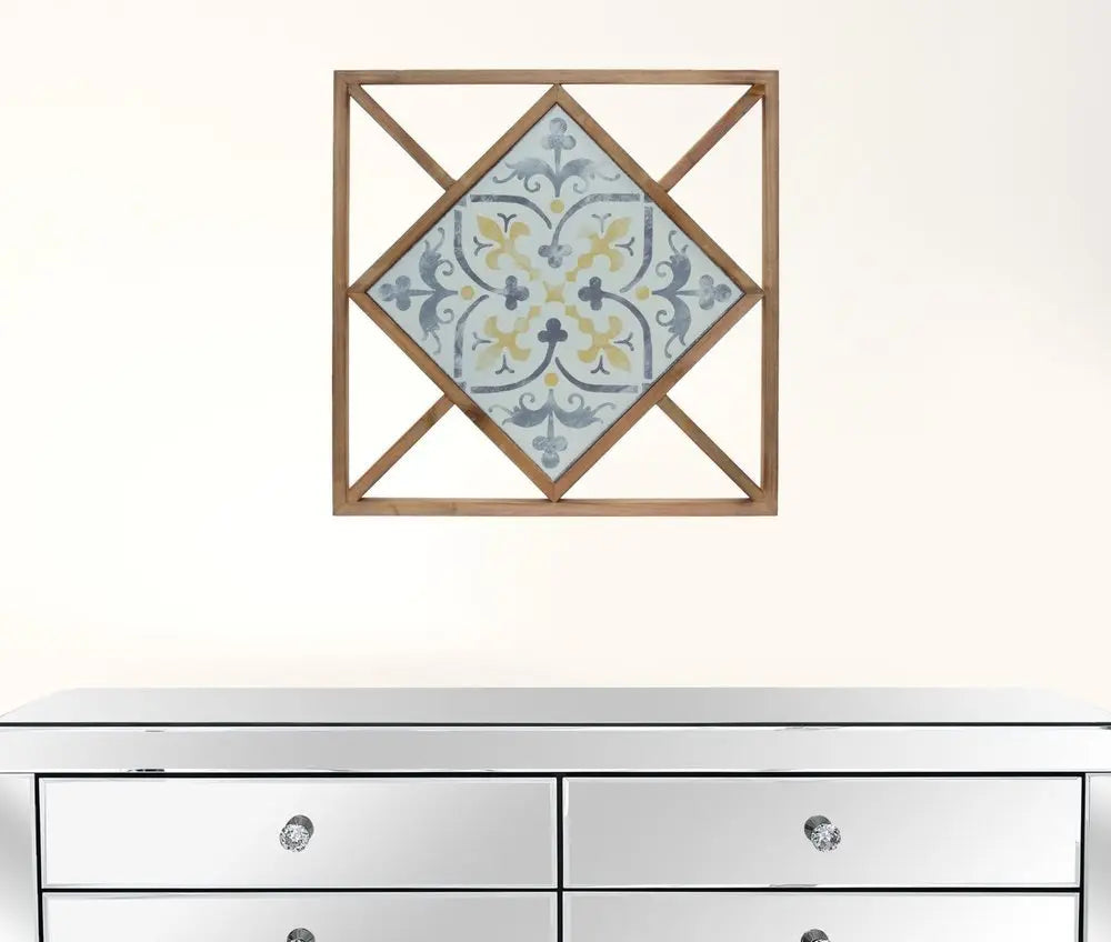 Set of Two White Blue And Brown Floral Wood and Metal Square Framed Art - NOBLE HOME INTERIORS