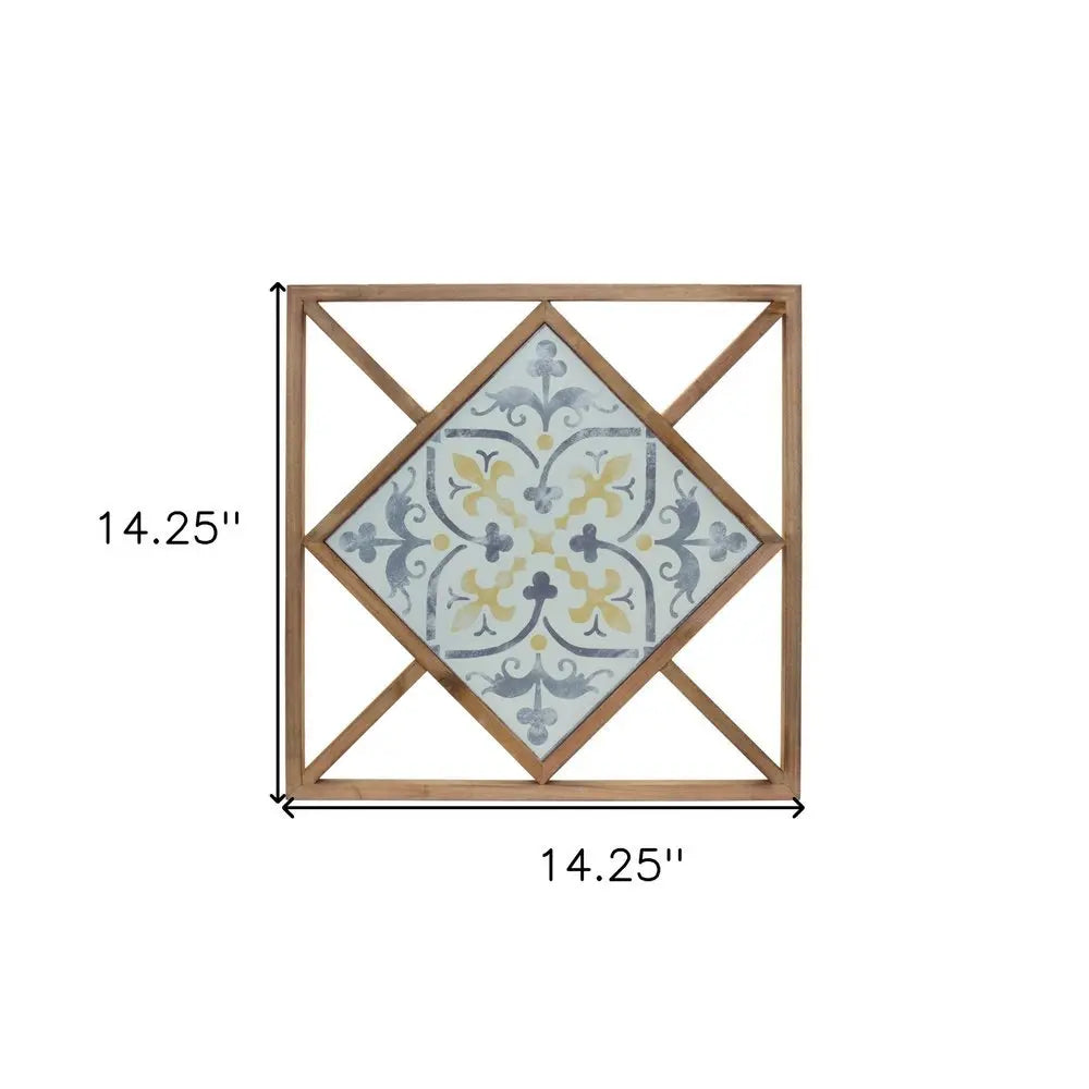 Set of Two White Blue And Brown Floral Wood and Metal Square Framed Art - NOBLE HOME INTERIORS