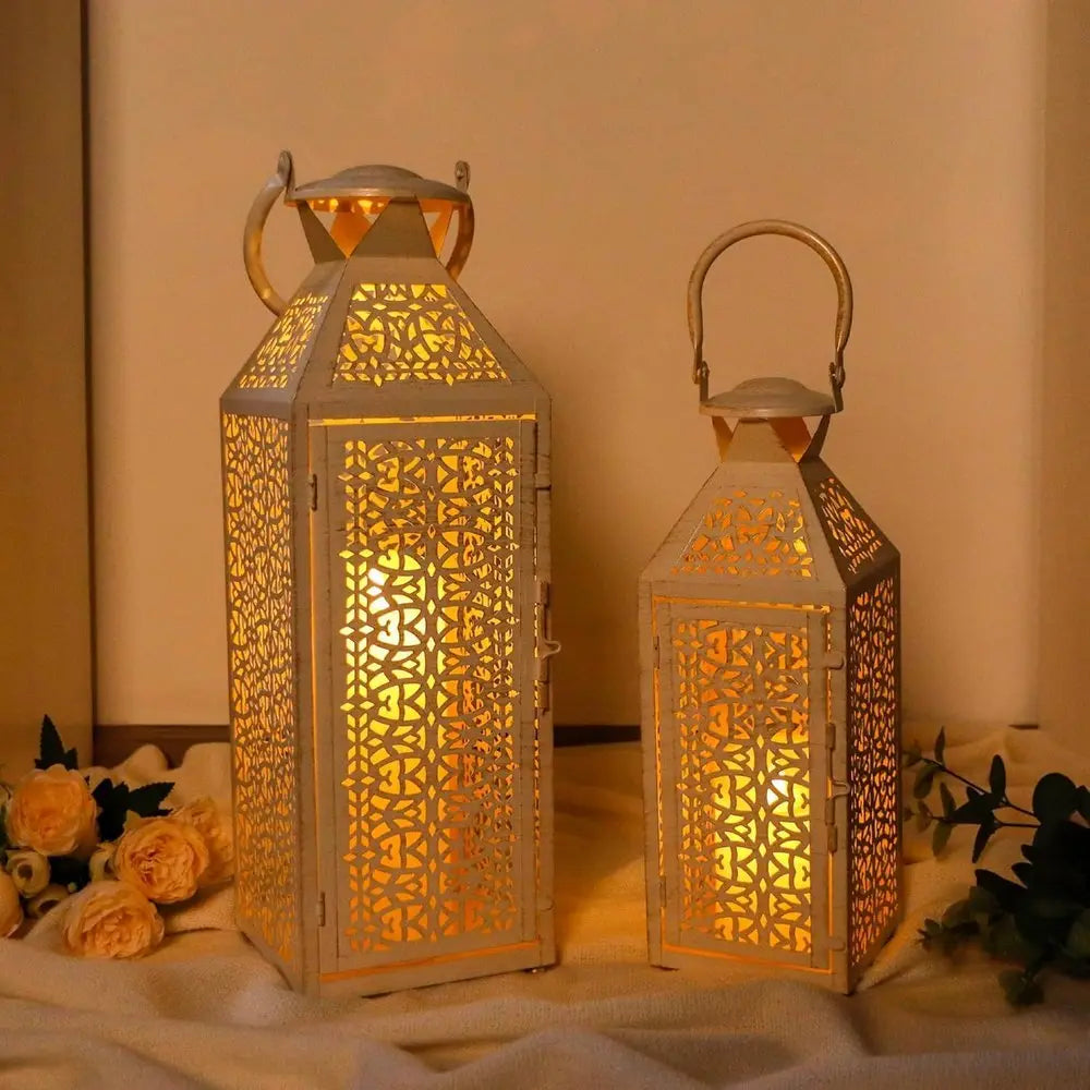 Set of Two White Filigree Metal Tabletop Lantern Candle Holders - NOVA HOME FURNITURE