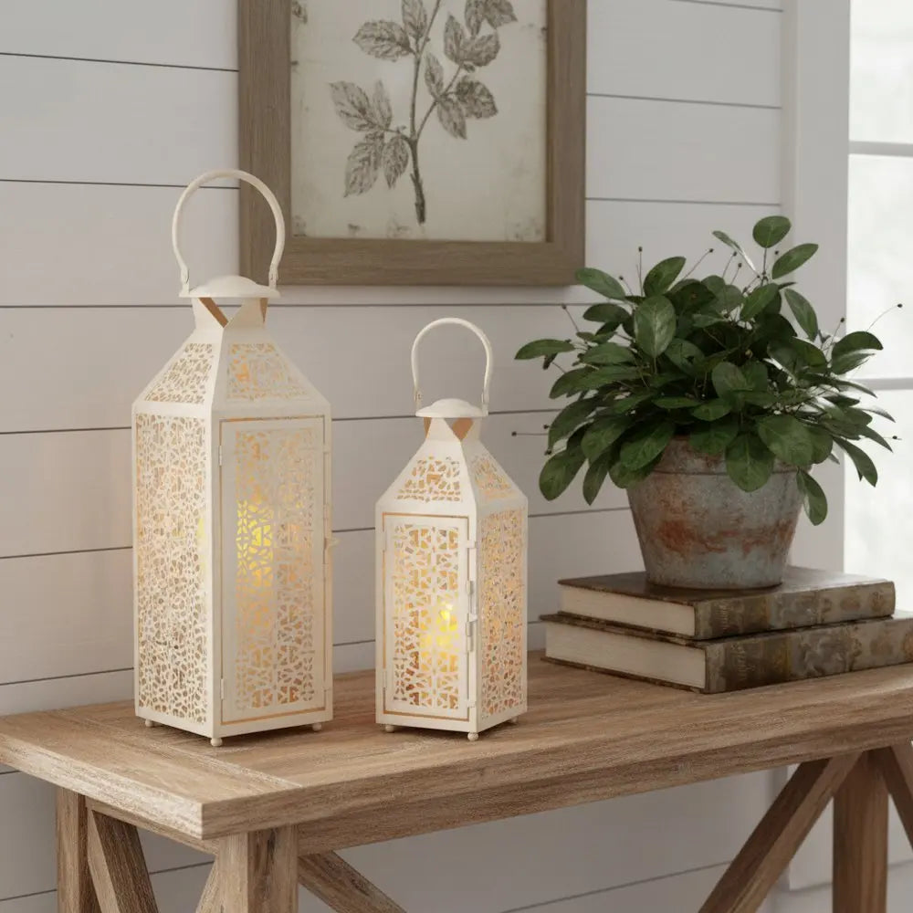 Set of Two White Filigree Metal Tabletop Lantern Candle Holders - NOVA HOME FURNITURE