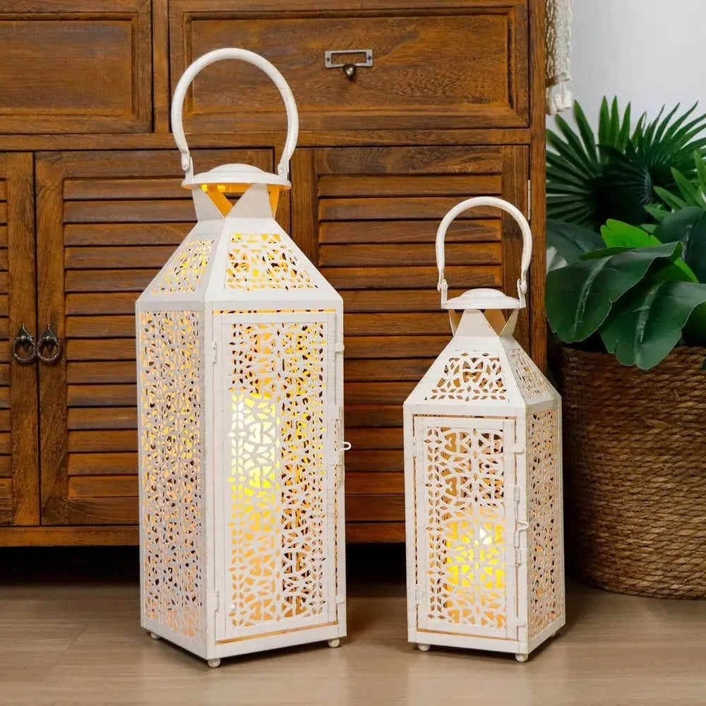 Set of Two White Filigree Metal Tabletop Lantern Candle Holders - NOVA HOME FURNITURE