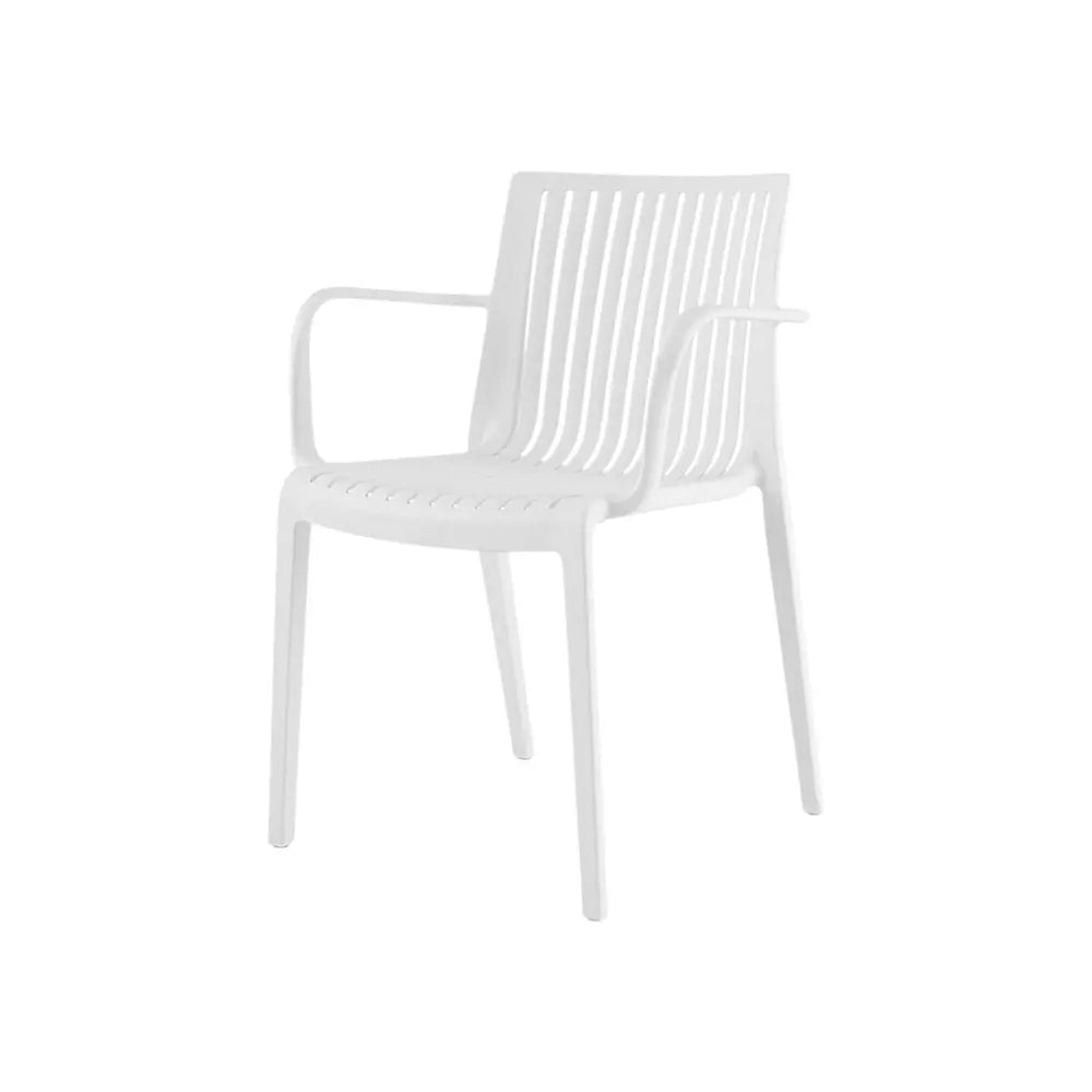 Set of Two White Heavy Duty Plastic Outdoor Stacking Arm Chairs - NOBLE HOME INTERIORS